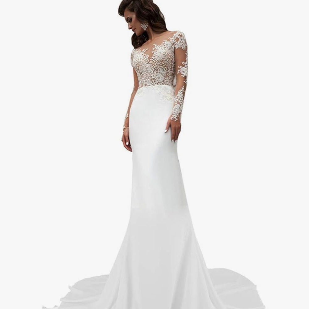 Lace Long sleeve wedding dress with train and cathedral veil